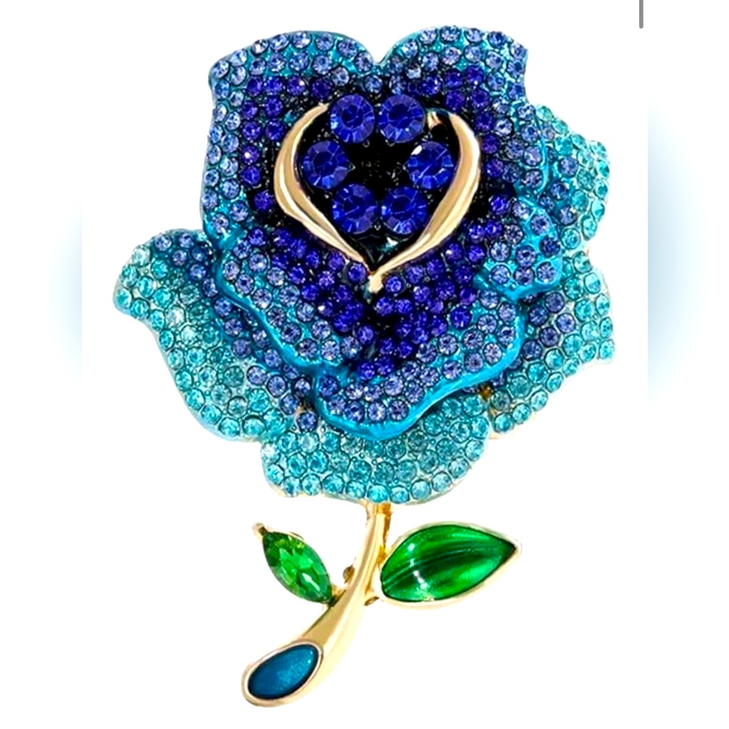 Gorgeous Large Vintage Dillards Blue Crystal Rose Brooch